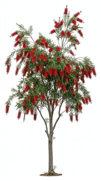 Vibrant red bottlebrush tree with dense spiky flowers isolated on white background