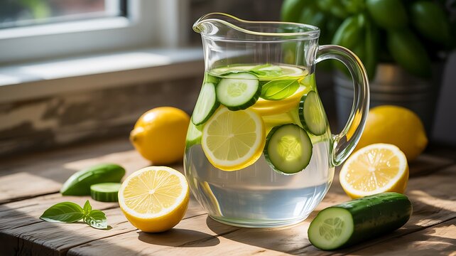 Refreshing Cucumber and Lemon Infused Detox Water Pitcher on a Rustic Wooden Table