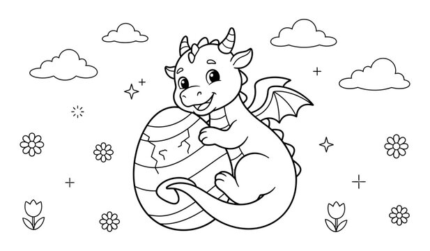 Cute cartoon dragon holding a cracked egg in a whimsical outdoor setting for children coloring book page line art illustration