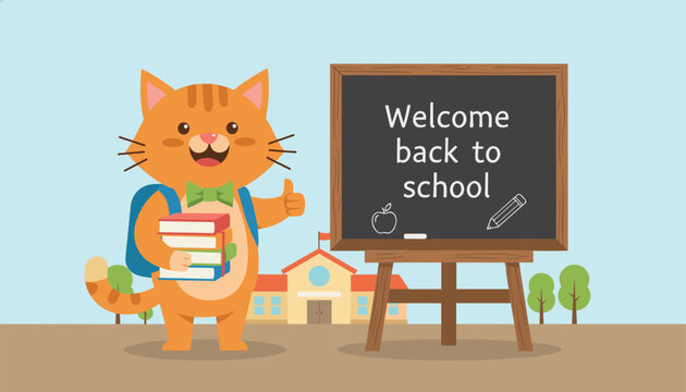 Adorable orange cat wearing a backpack and holding a stack of books next to a welcome back to school blackboard.