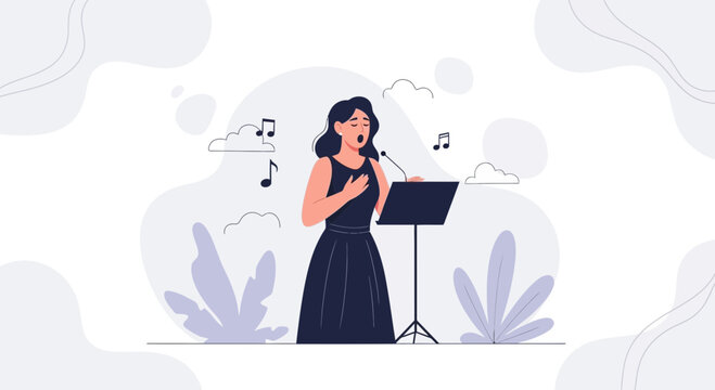 Woman singing opera into microphone on stage with music notes and abstract background