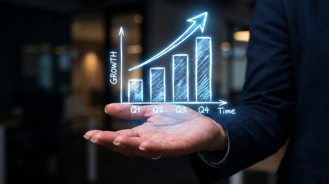 Professional business person holding glowing holographic bar chart demonstrating growth over time in office setting for corporate data visualization and financial performance reporting concept
