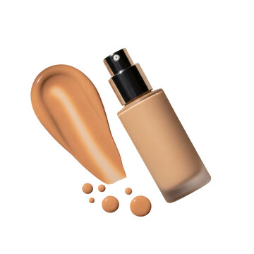 Liquid foundation makeup bottle with a creamy texture swatch on a transparent background