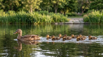 Fototapeta premium Mother duck swimming with ducklings in a pond