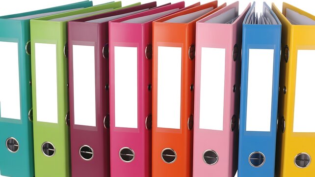 A vibrant row of colorful office ring binders organized neatly on a shelf for efficient document storage and workplace management