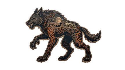 Fototapeta premium Detailed illustration of a fierce wolf with intricate celestial and tribal patterns, including a crescent moon and stars, isolated on a transparent background featuring ornate