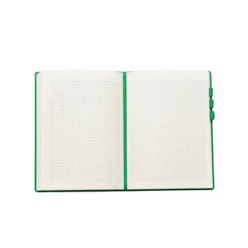 Open green notebook with grid paper pages for writing and drawing isolated on transparent background