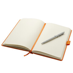 Naklejka premium Open orange notebook with a silver pen on a white background isolated on transparent background