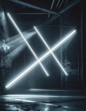 Bright neon crossing lights in abandoned industrial concrete room.