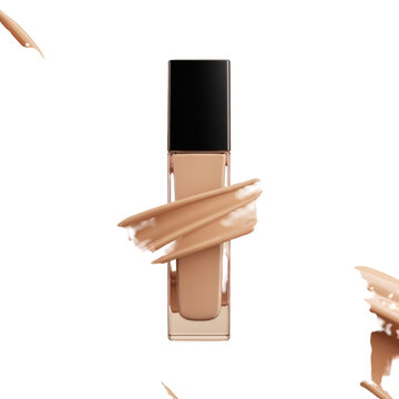 Premium liquid foundation bottle with creamy makeup swatches isolated on a transparent background