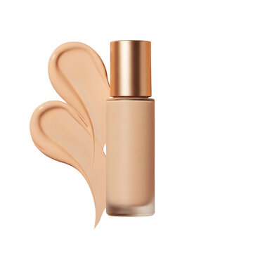 Liquid foundation makeup bottle with creamy product smear isolated on transparent background