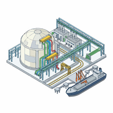 Modern Isometric of Industrial Storage Tank with Pipeline Network and Docked Ship for Liquid Transfer