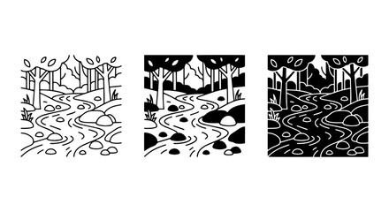 Obraz premium Forest Stream Icons, Nature Landscape Vector Graphics, Woodland River Art, Set of 3 Styles