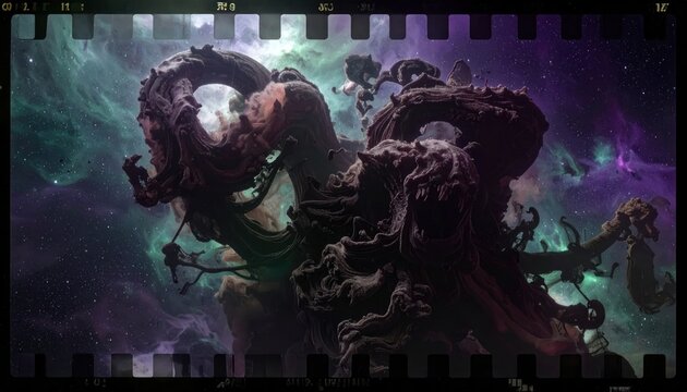 Biological alien cluster drifting in space with film frame.