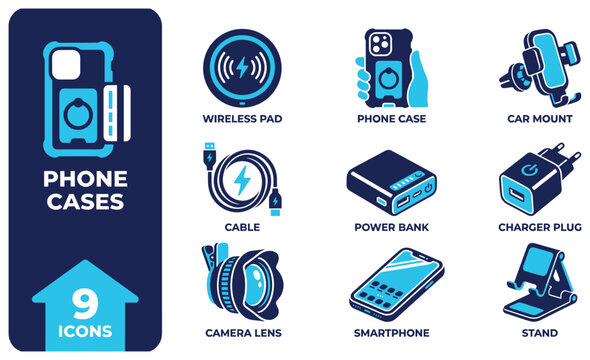 Set of phone accessories icons in blue and white colors for mobile devices usage on white background.
