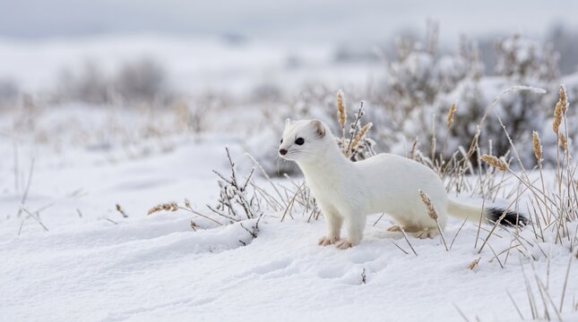 Stoat standing in the snow during winter