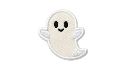 Fototapeta premium Cute ghost embroidered patch isolated on transparent background featuring smile, Halloween, cutout, png, no background, white, cartoon, spooky, handmade, stitched, textile, fabric and embroidery