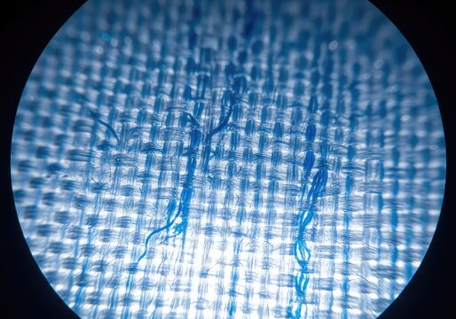 Detailed close-up of a sterile medical textile sample positioned under a professional laboratory microscope with bright scientific lighting, synthetic, science, fibers