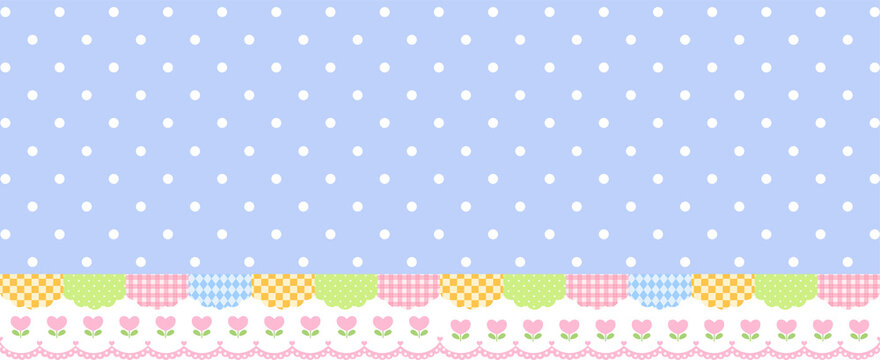Cute pastel blue background with white polka dots and colorful decorative lace trim banner