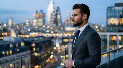 Naklejka premium Businessman Standing on Rooftop Balcony Overlooking Cityscape at Dawn