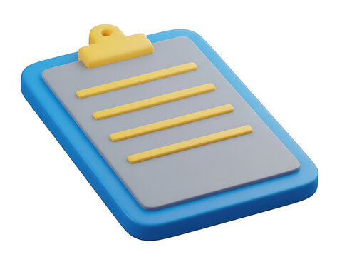 3d render of a blue clipboard icon with a yellow clip and document lines isolated on transparent background