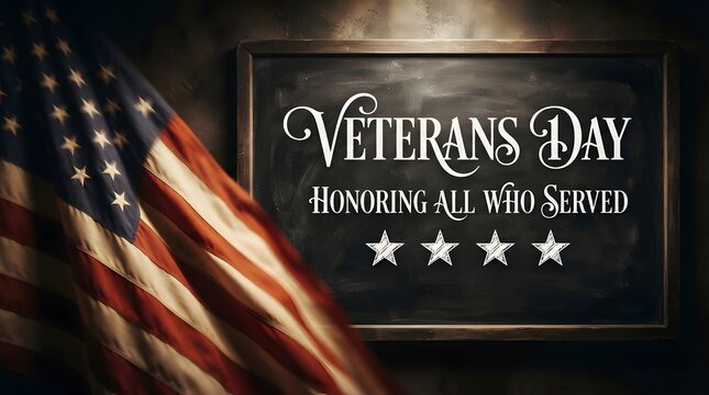 Honoring american veterans day with a chalkboard message and united states flag