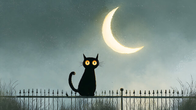 Cute cartoon cat sitting on a rooftop under moonlight