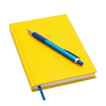 A yellow notebook with a blue pen on top isolated on transparent background