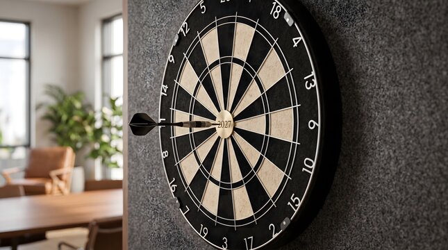 Black dart hitting center of modern dartboard on wall with inscribed golden target year 2027 symbolizing ultimate business goal and absolute success.