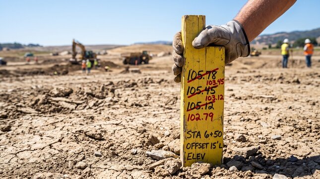 Worker holding yellow wooden survey stake at construction site