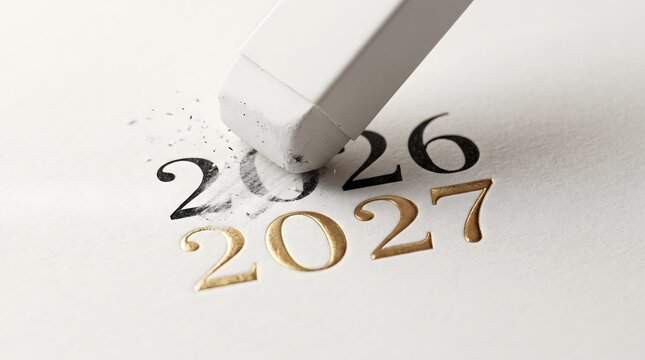 Hand eraser removing two thousand twenty six written on white paper sheet to replace with golden metallic text of year two thousand twenty seven design.