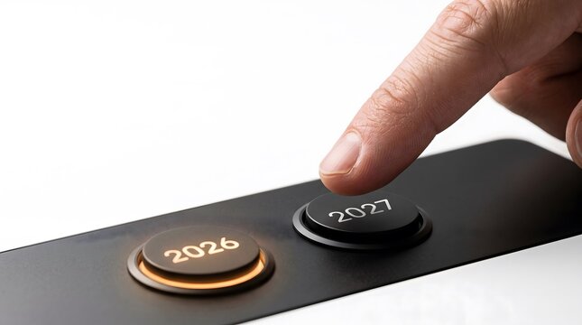 Hand finger touching black control panel button marked two thousand twenty seven beside illuminated button for year two thousand twenty six close up view.