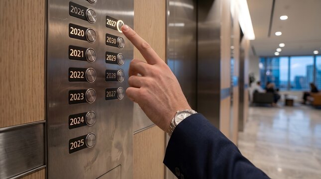 Business executive hand pressing glowing 2027 button on silver elevator control panel inside modern office building hallway representing future goals.