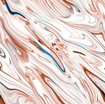 Seamless liquid marble texture with flowing diagonal swirls of copper brown, beige, and white, accented by subtle slate blue veins. Ideal for background, fashion, and digital backdrop design.