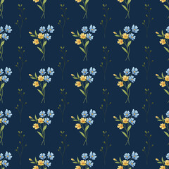 Fototapeta premium Seamless floral pattern, dark blue vintage botanical texture with bouquets, watercolor flowers. Perfectly for fabric, background, wrapped paper, backdrop.