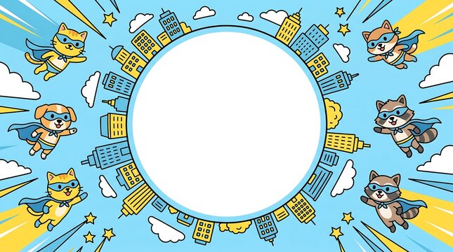 Cute superhero kids and city sky frame background
