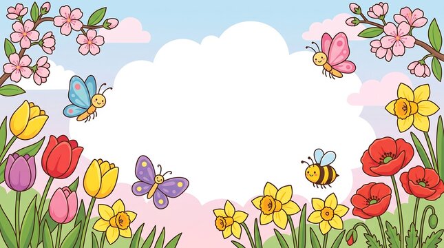 Spring blooming flowers butterfly and bee garden frame background