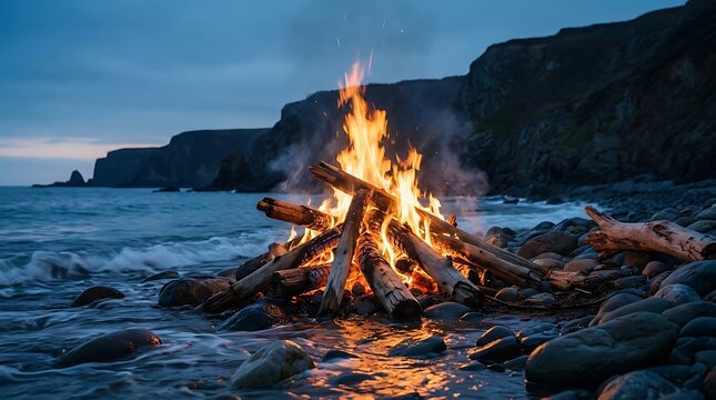 Bonfire burning on rocky beach at dusk with ocean waves and cliffs in background