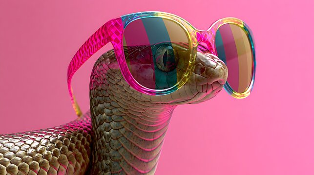 Cool Python Snake Wearing Colorful Rainbow Sunglasses on Pink Background