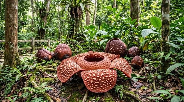 Gigantic Rafflesia Arnoldii Flower Blooming in Tropical Rainforest