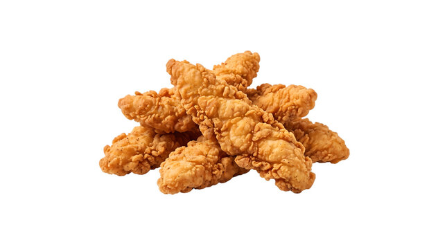 A pile of crispy breaded fried chicken tenders served as a snack isolated on transparent background