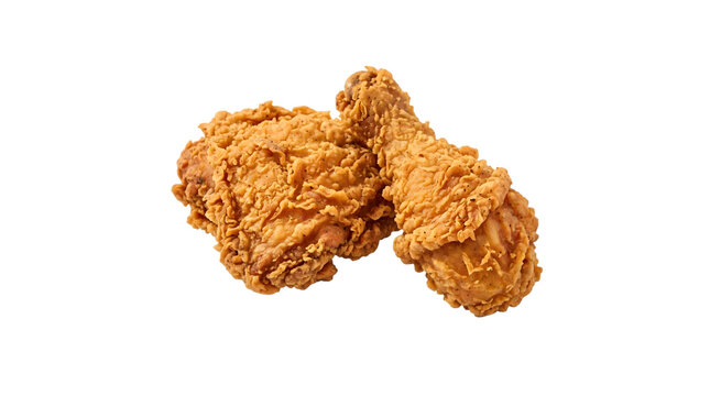 Two pieces of crispy golden fried chicken drumstick and breast isolated on transparent background