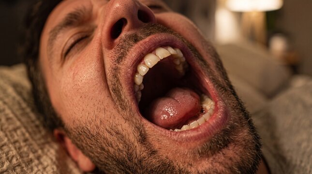 Close-up of adult man with mouth wide open yawning or snoring loudly lying down on pillow in bed