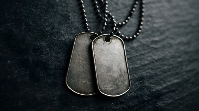 Vintage military dog tags and chain resting on a dark textured surface