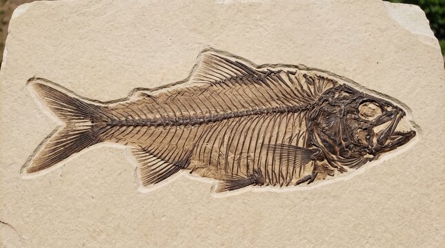 Detailed fossilized fish skeleton embedded in a rock slab, showcasing ancient aquatic life.
