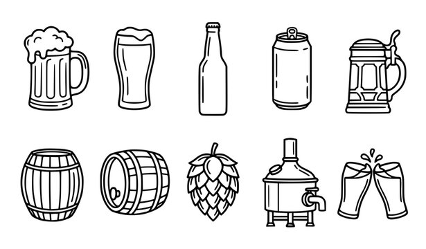 Beer mug pint bottle stein and brewing line icon vector collection