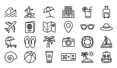 Fototapeta premium Summer Beach Vacation Editable Outline Icons with Surfing Swimming Drink and Seaside Activities
