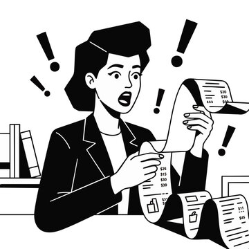 Shocked businesswoman vector with long paper receipt and exclamation marks in black and white comic style, representing financial stress, inflation, and unexpected expenses for tax reports and budget