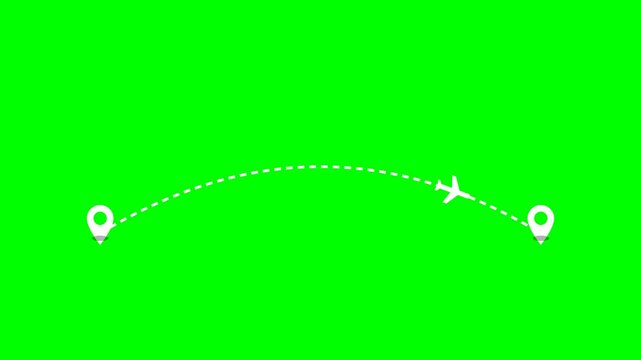 Animated Airplane Flight Path and Map Pins Route Motion Graphics on Green Screen