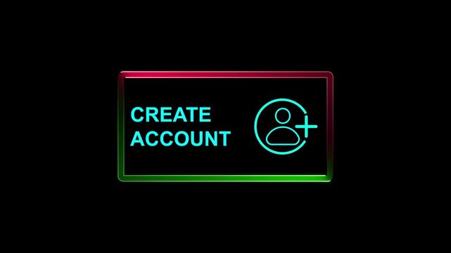 Create Account Button with User and Plus Symbol Glowing with Cyan and Magenta Neon Light on a Black Background Representing Digital Registration and New User.